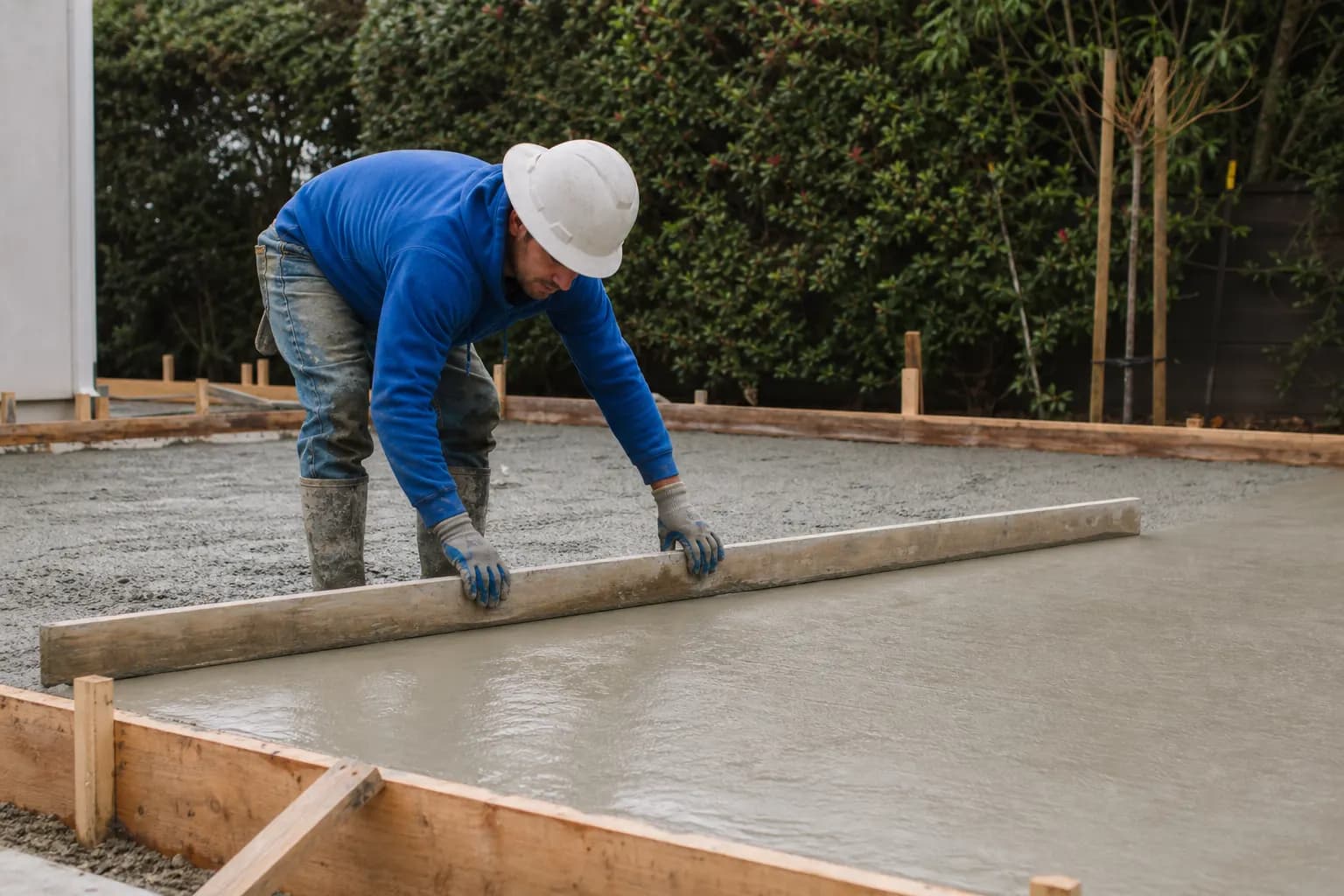 Construction worker screeding freshly placed concrete inside wood forms