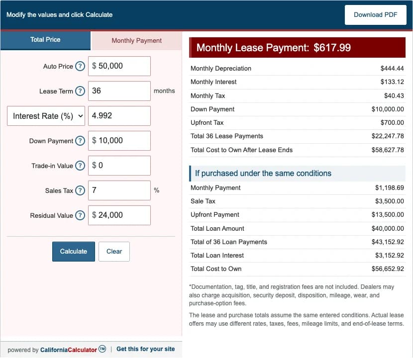 Auto Lease Calculator showing vehicle price, term, rate, down payment, trade-in, tax, residual value, and monthly lease results