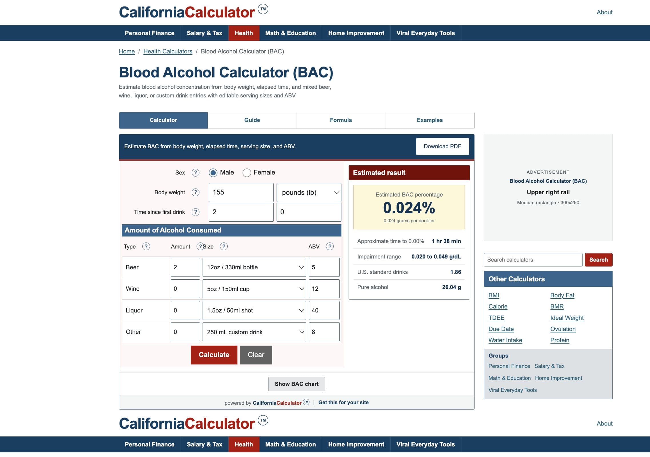 Blood Alcohol Calculator showing personal details, four fixed drink rows, and BAC results