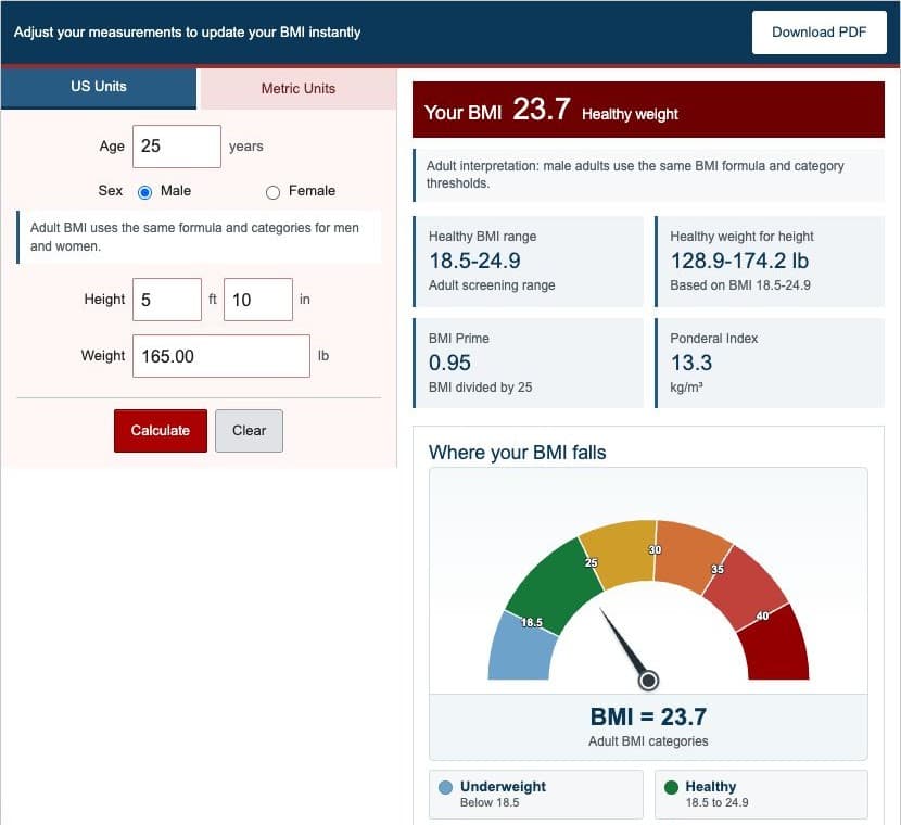 BMI Calculator showing adult results above U.S. height and weight fields