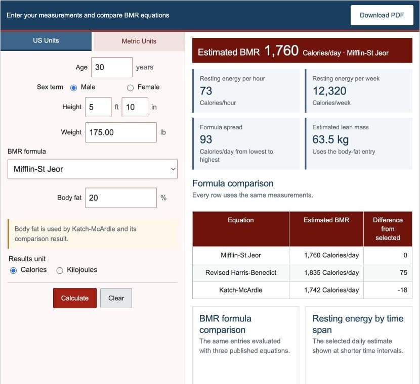 BMR Calculator showing adult measurements and resting-energy formula comparison