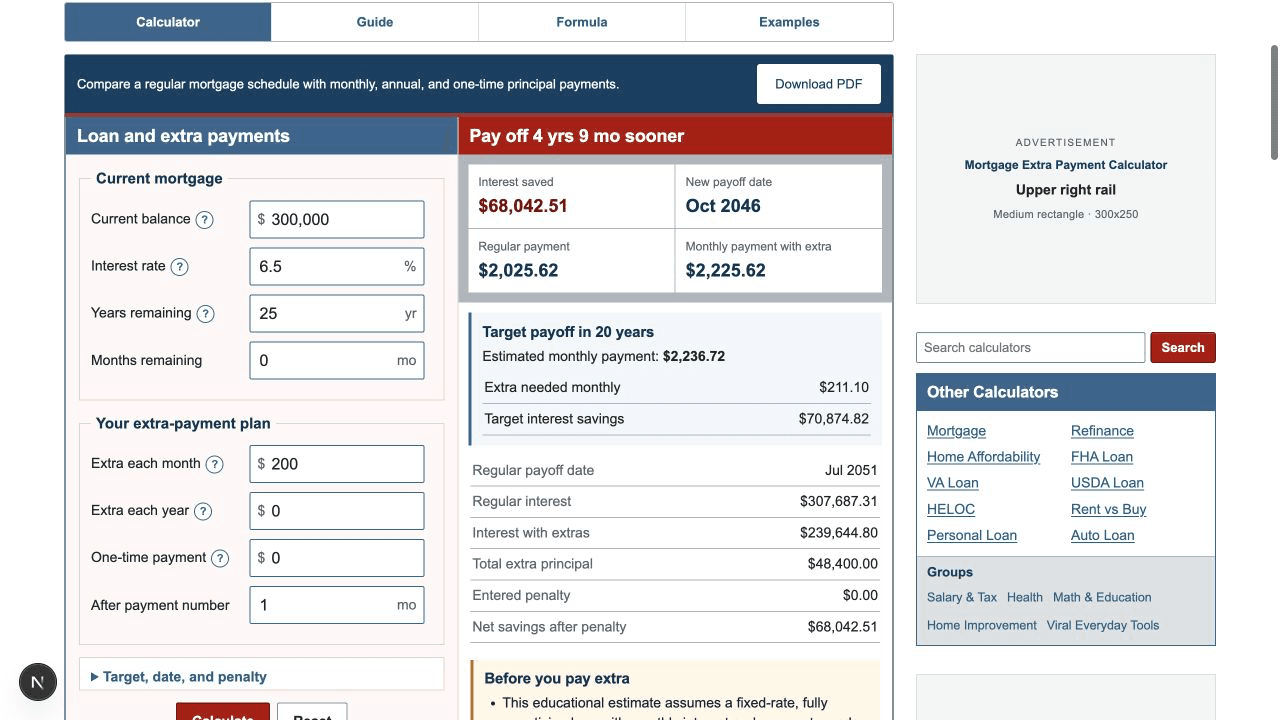 Extra payment calculator showing mortgage details, extra principal inputs, and payoff results