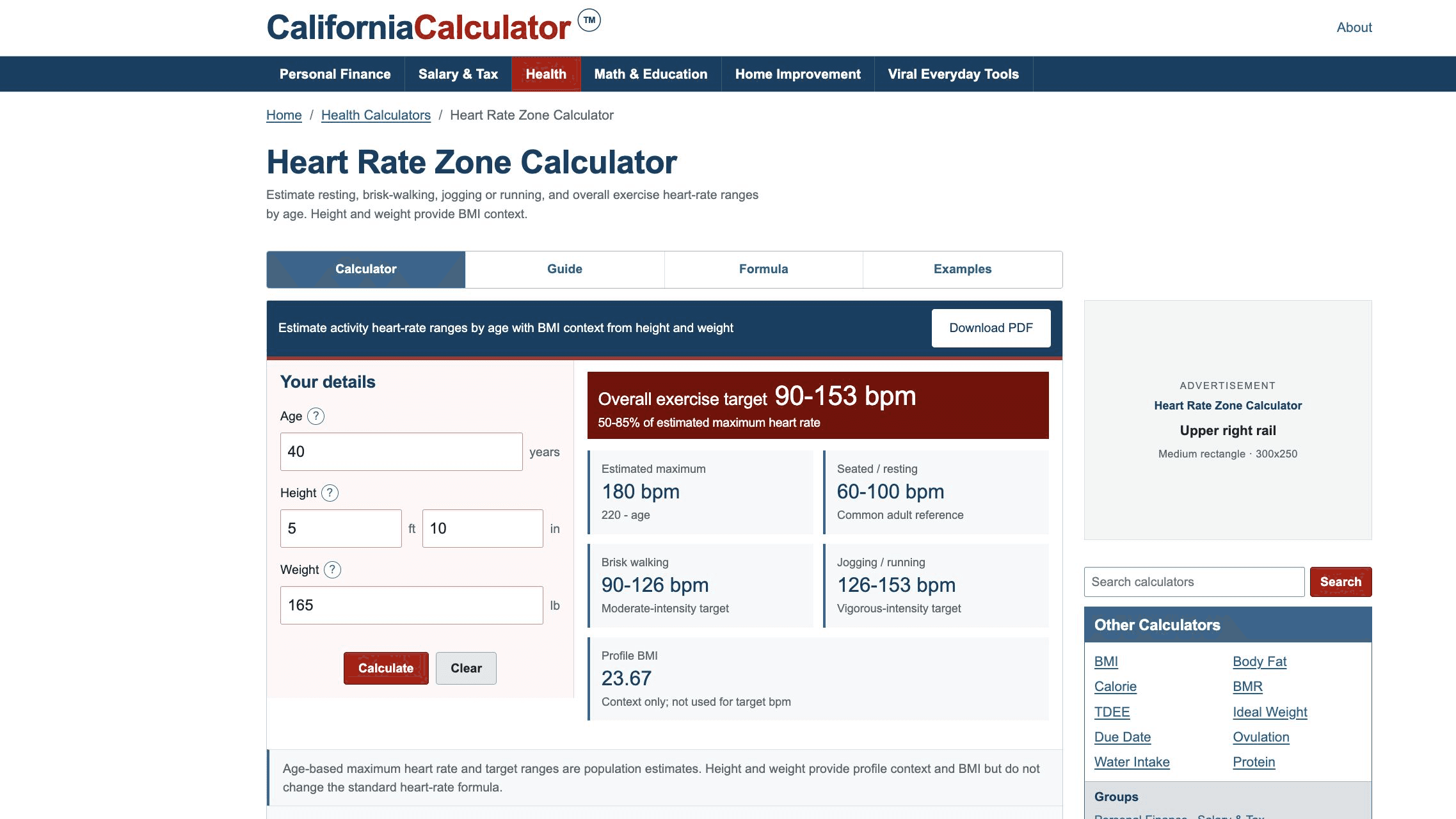 Heart Rate Zone Calculator with age, height, and weight inputs beside results