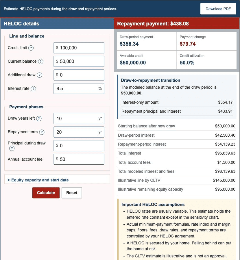 HELOC Calculator showing line details and payment phases beside draw-period and repayment-period results