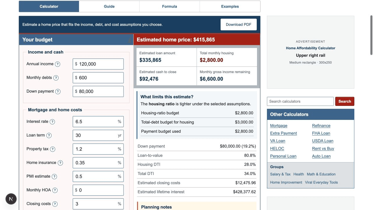 Home affordability calculator with income, debt, down payment, mortgage terms, and affordability results
