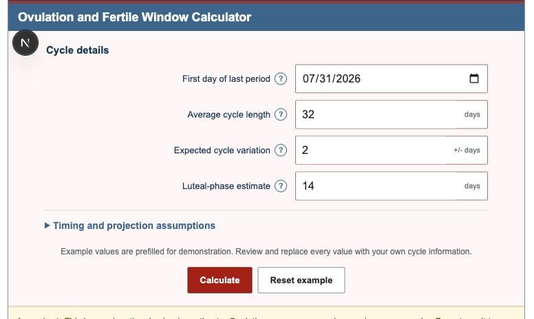Ovulation Calculator form with cycle date, length, variation, and luteal-phase fields