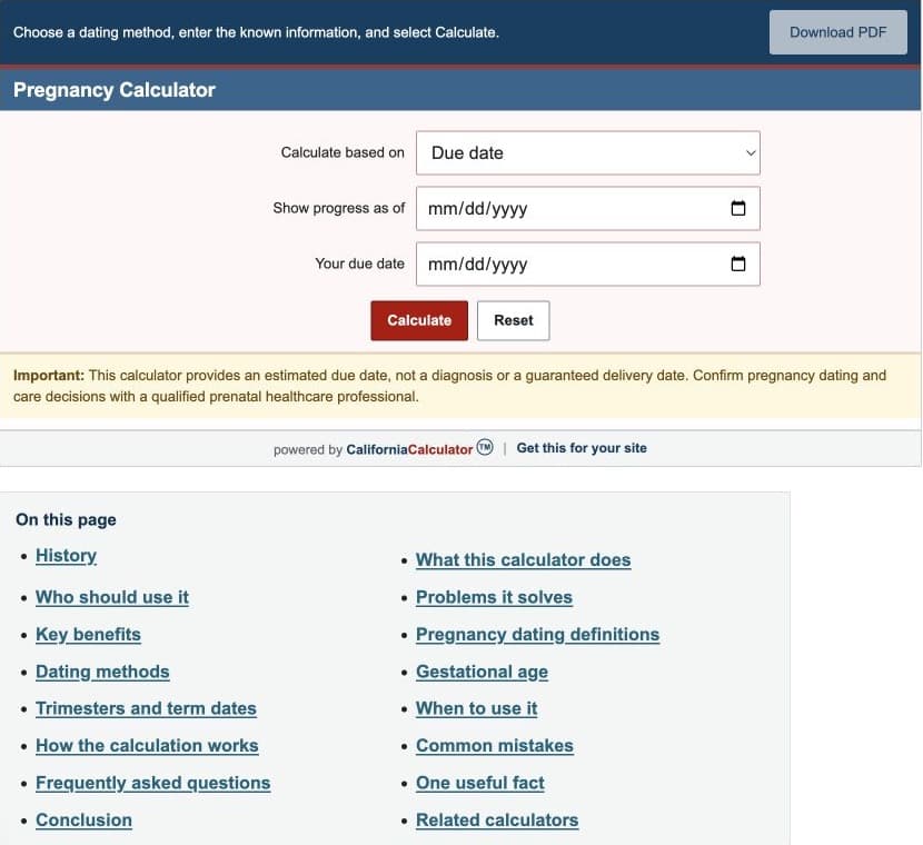 Due Date Calculator form showing dating method, as-of date, and due-date fields