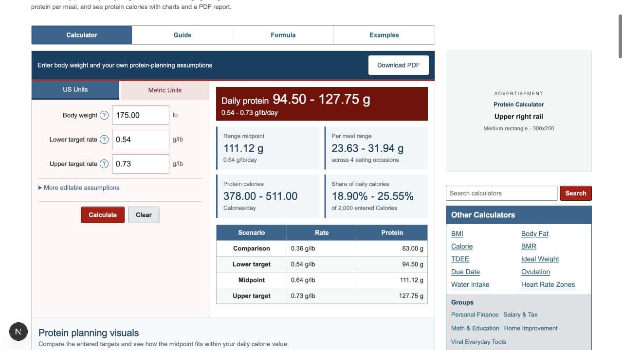 Protein Calculator interface with unit tabs, body weight, target range, and results
