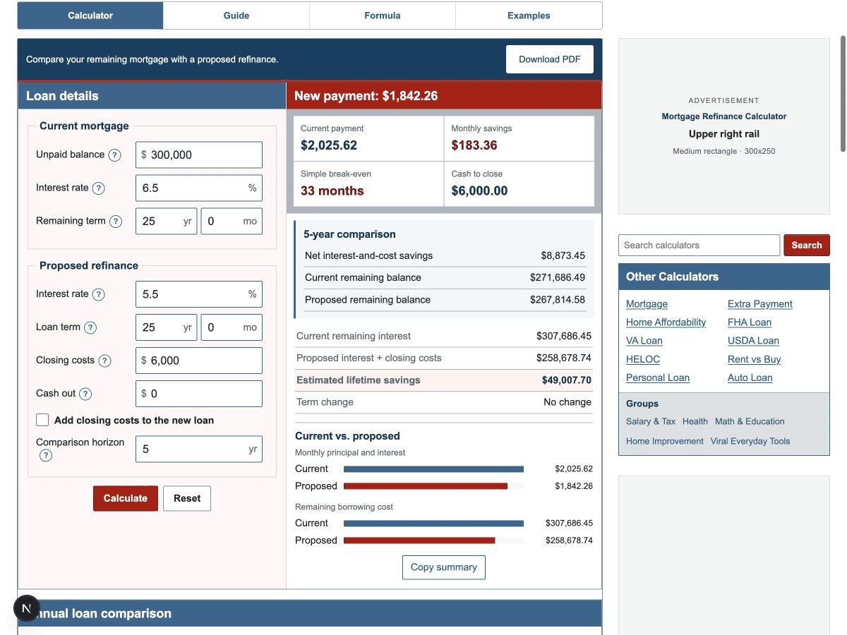 Refinance calculator with current loan inputs, proposed loan inputs, and refinance results