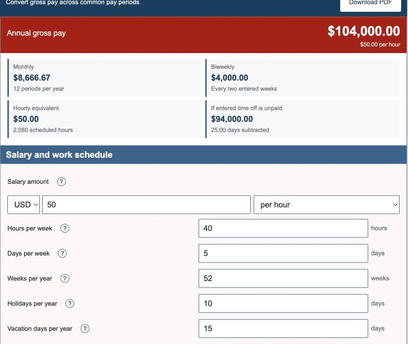 Salary Calculator showing pay details, work schedule, and converted gross-pay results