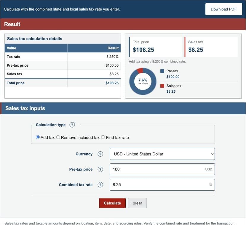 Sales Tax Calculator showing calculation type, currency, price, rate, and tax results