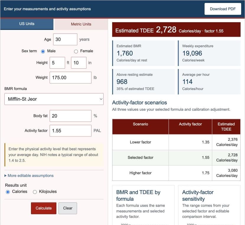 TDEE Calculator showing adult measurements, maintenance calories, and activity scenarios