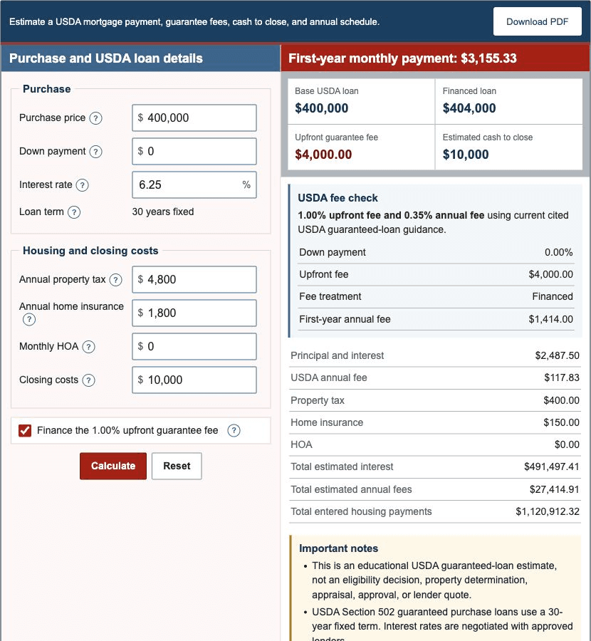 USDA Loan Calculator showing purchase inputs, guarantee fee, monthly payment, and cash-to-close results
