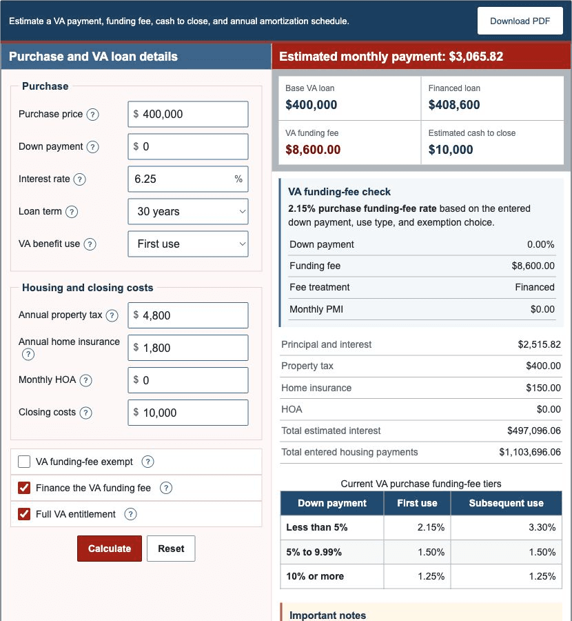 VA Loan Calculator showing purchase inputs, benefit-use selections, funding fee, monthly payment, and cash-to-close results