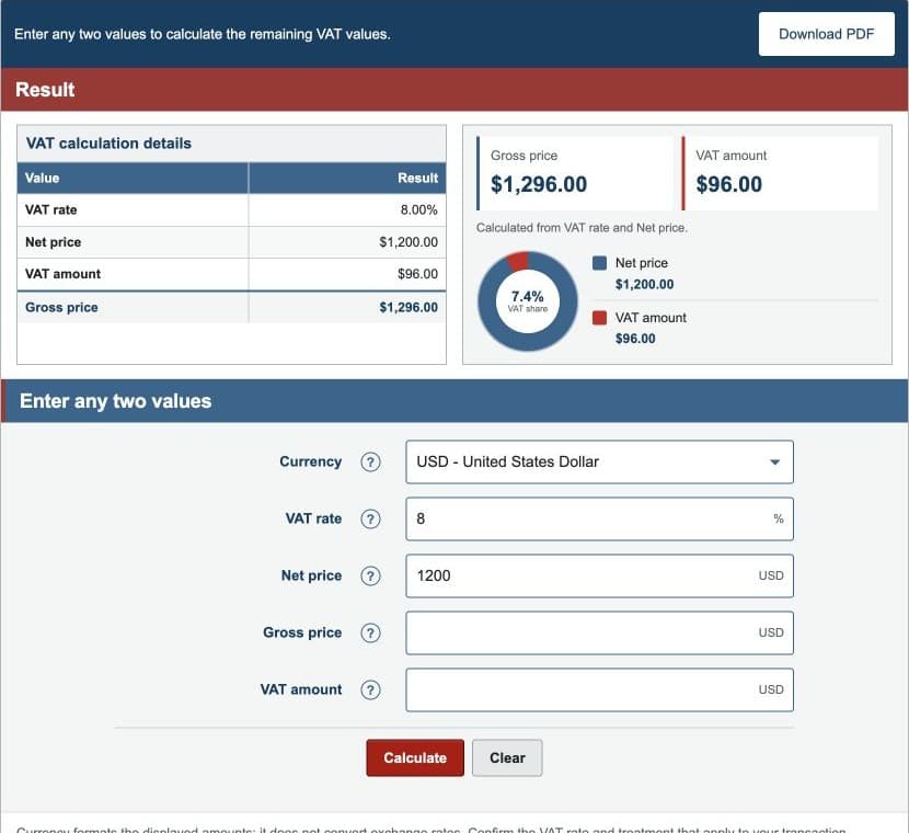 VAT Calculator showing the results, currency selector, and four VAT value fields
