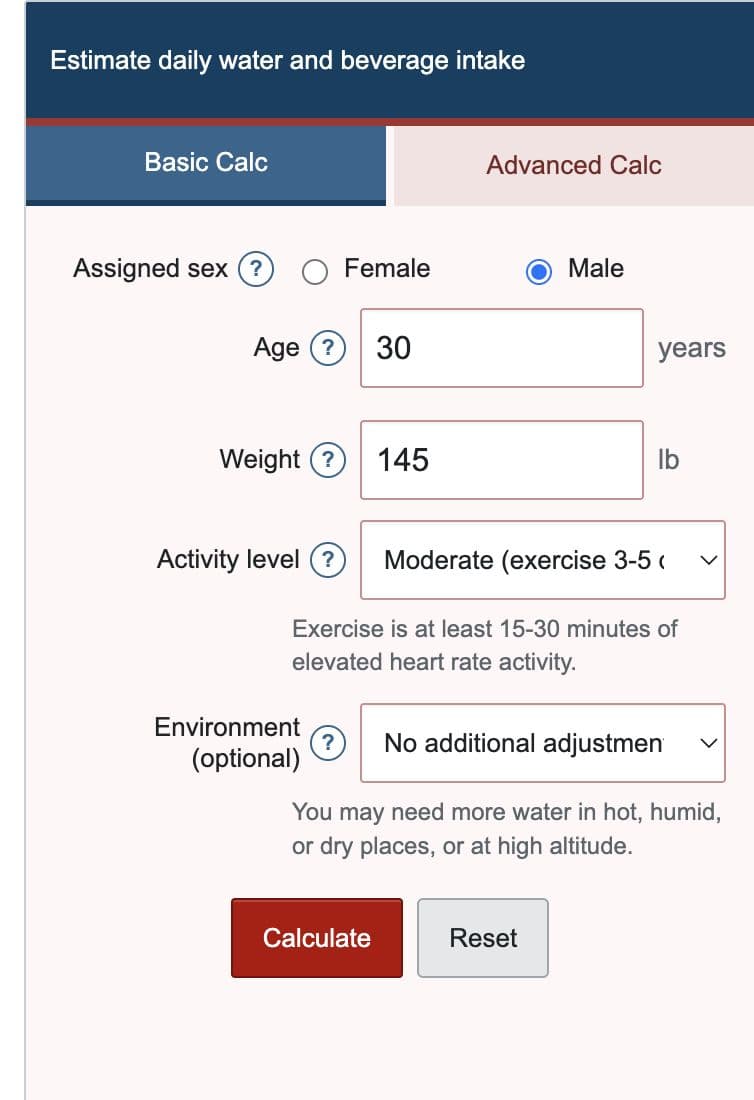 Water Intake Calculator showing the Basic mode input fields