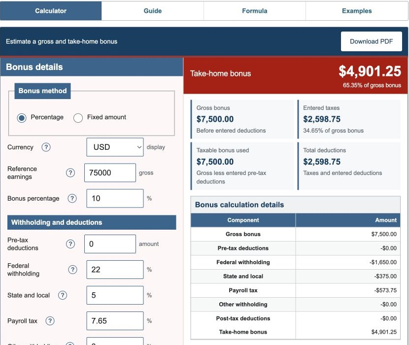 Bonus Calculator showing bonus method, entered rates, and calculated take-home bonus