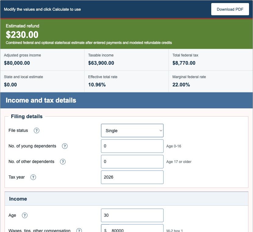 US Income Tax Calculator showing the estimated refund, adjusted gross income, taxable income, and income input section