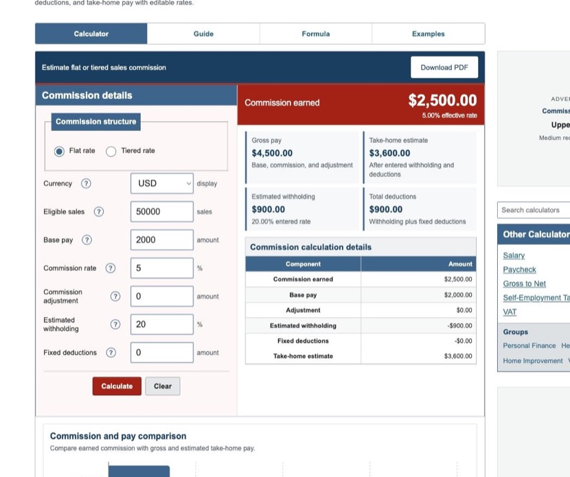 Commission Calculator showing eligible sales, commission rate, base pay, and results