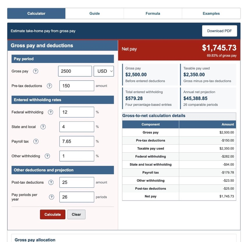 Gross to Net Calculator showing the complete form, net-pay result, metrics, and calculation table