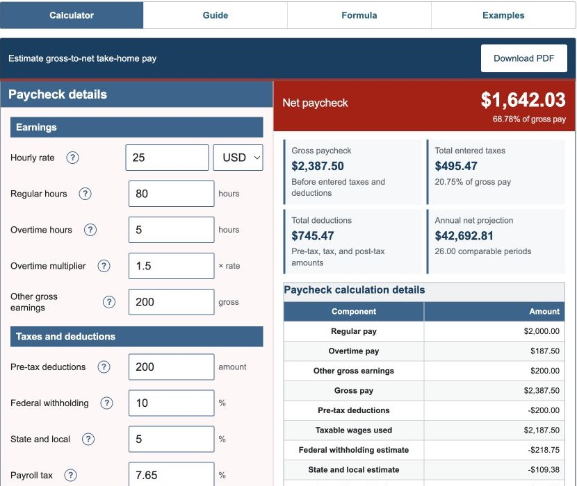 Paycheck Calculator showing earnings, deductions, taxes, and calculated take-home pay