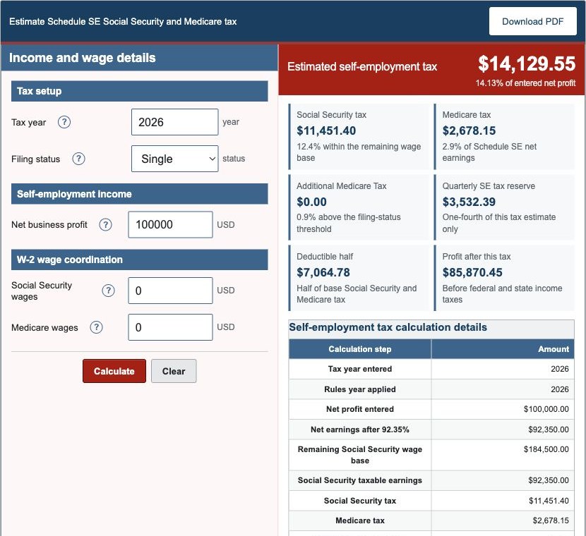 Self-Employment Tax Calculator showing net-profit and wage inputs with the estimated Schedule SE tax results